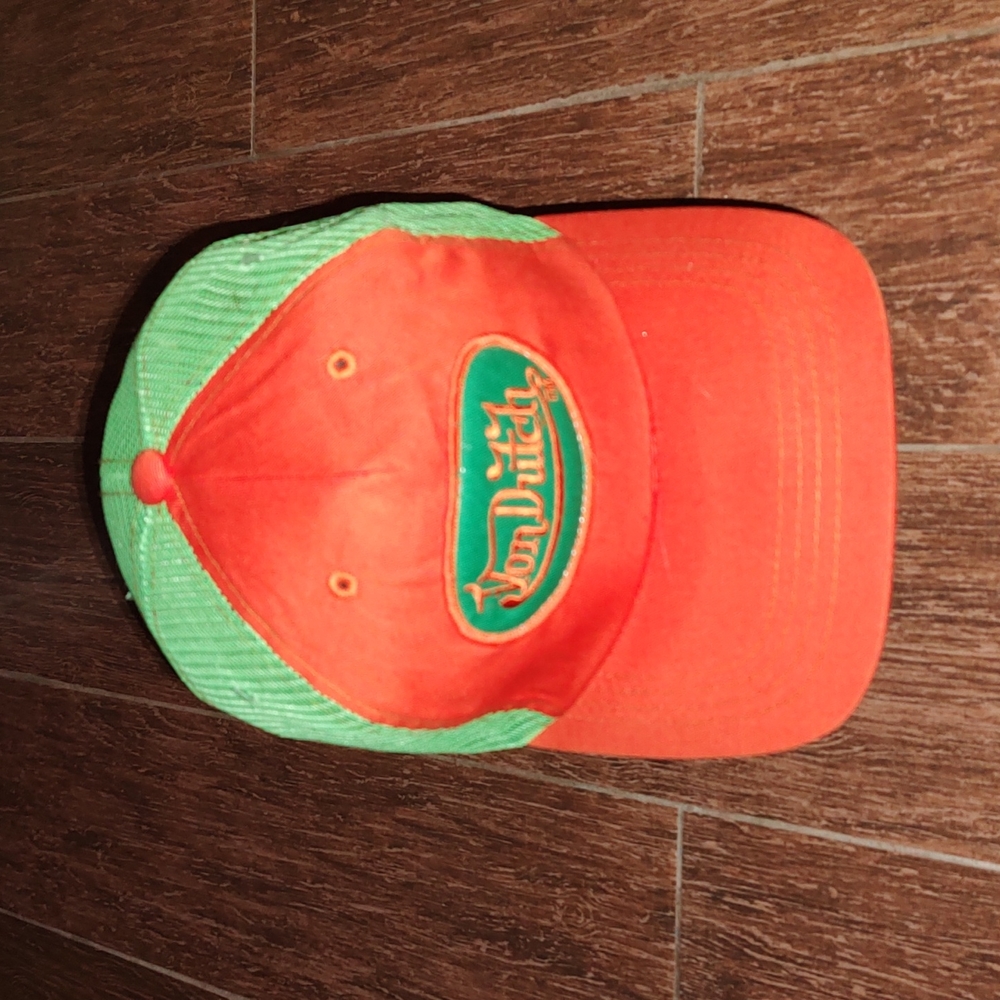 Von Dutch Original Embroidered Logo Trucker Mesh Orange Green Snapback Hat